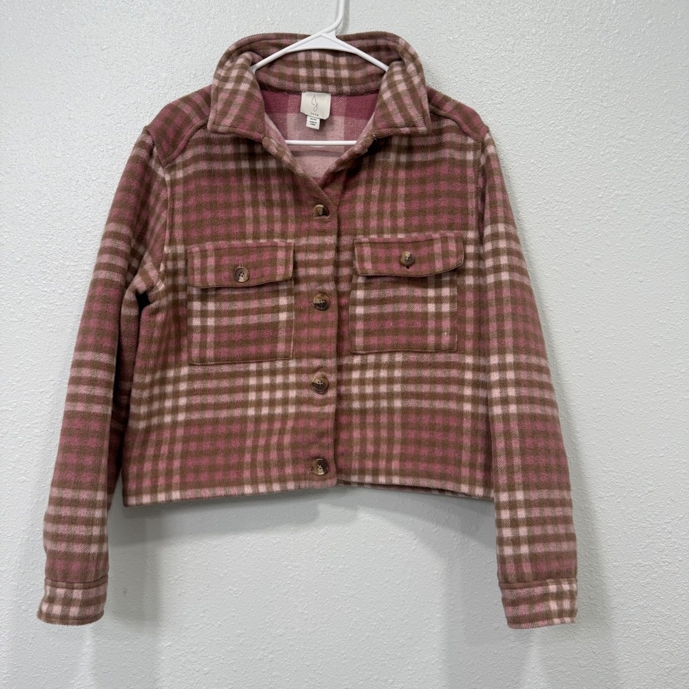 Joie Pink Brown Plaid Cropped Button Front Shirt Jacket Shacket Womens Medium